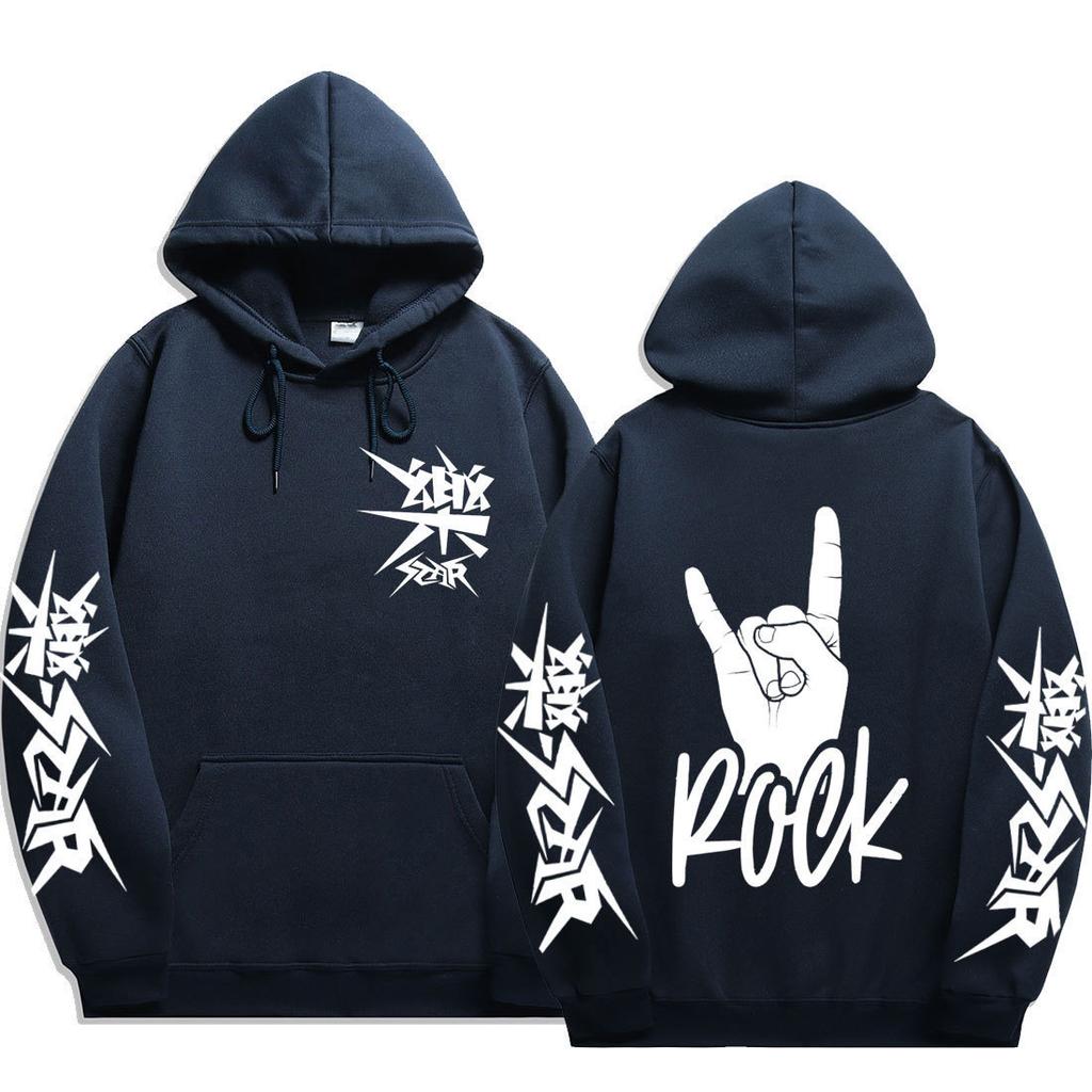 Stray Kids ROCK‑STAR Rock Hand Sign Pullover Hoodie Devil Horns Hand Rock Lettering Graphic Drawstring Hood Oversized Unisex KPop Streetwear Fan Merch
