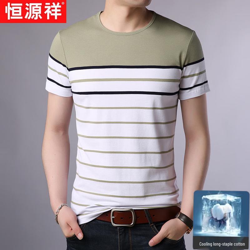 

Hengyuanxiang Men s Color Block Stripe Liquid Ammonia Cotton T-Shirt L