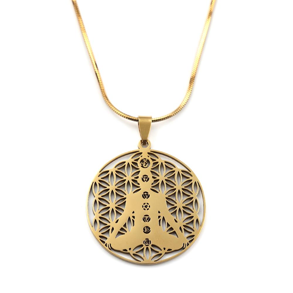Buddhism Meditation Yoga Flower of Life 7 Chakras Pendant Necklace Stainless Steel Buddhist Sacred Geometry Reiki Chain Jewelry