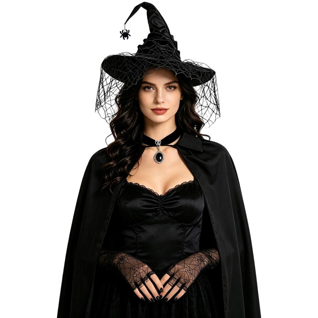 Halloween Witch Costume 4-Piece Set with Hat Gloves Necklace Cape for Women