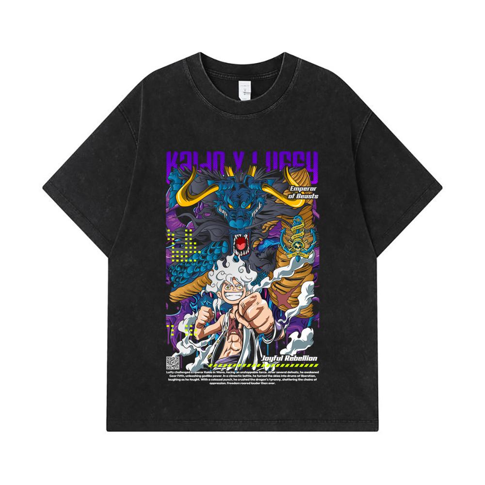 275 GSM Washed T-shirts 100% Cotton One Piece V35 Luffy Kaido Print Unisex Heavy Cotton T Shirt
