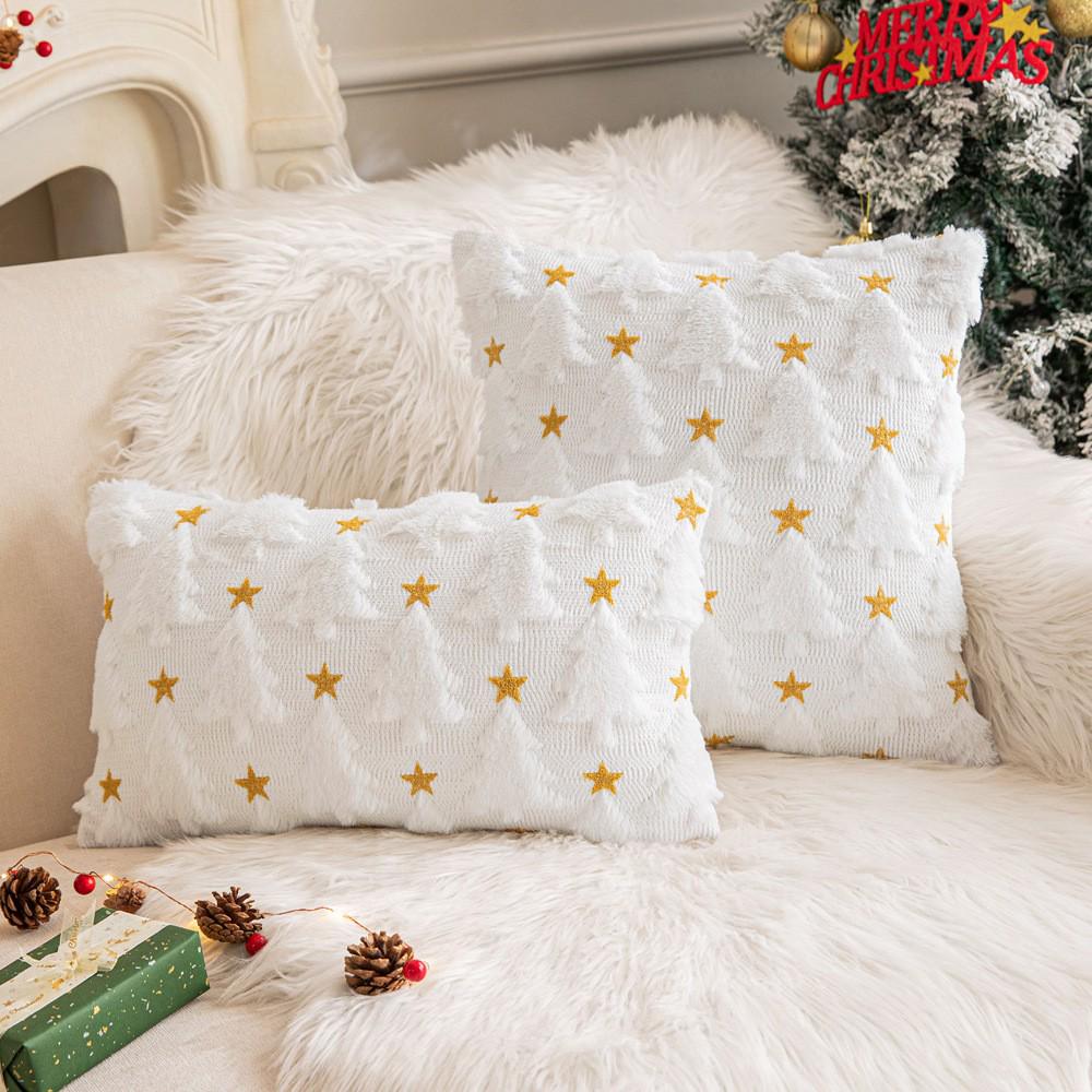 Christmas Tree Fleece Cushion Cover with Star Embroidery - Holiday Sofa Decoration Pillow Cover