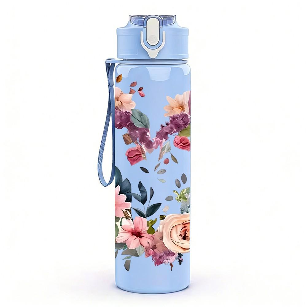 1PC Rose Wreath Flower Pattern 750ml Color Plastic Sports Water Bottle Leakproof Flip Straw Lid Suitable for Sports Office Home Use