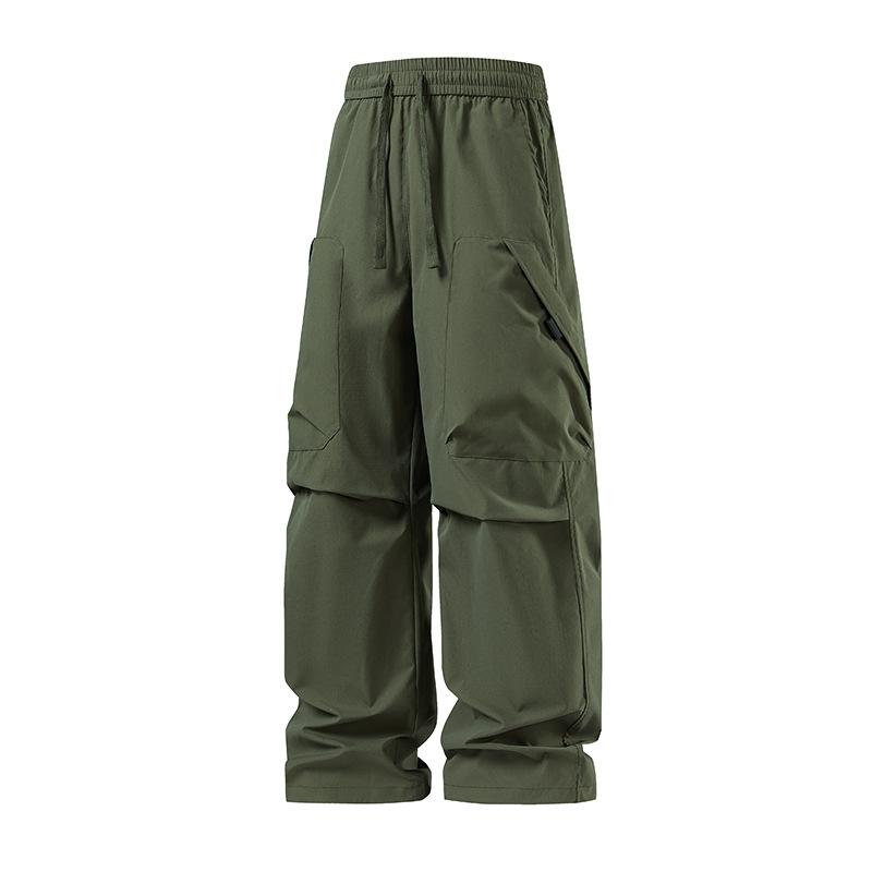 Men's Casual Solid Color Multi-pocket Cargo Pants, Men's Knee-pleated Elastic Waist-cinching Loose Straight-leg Trousers
