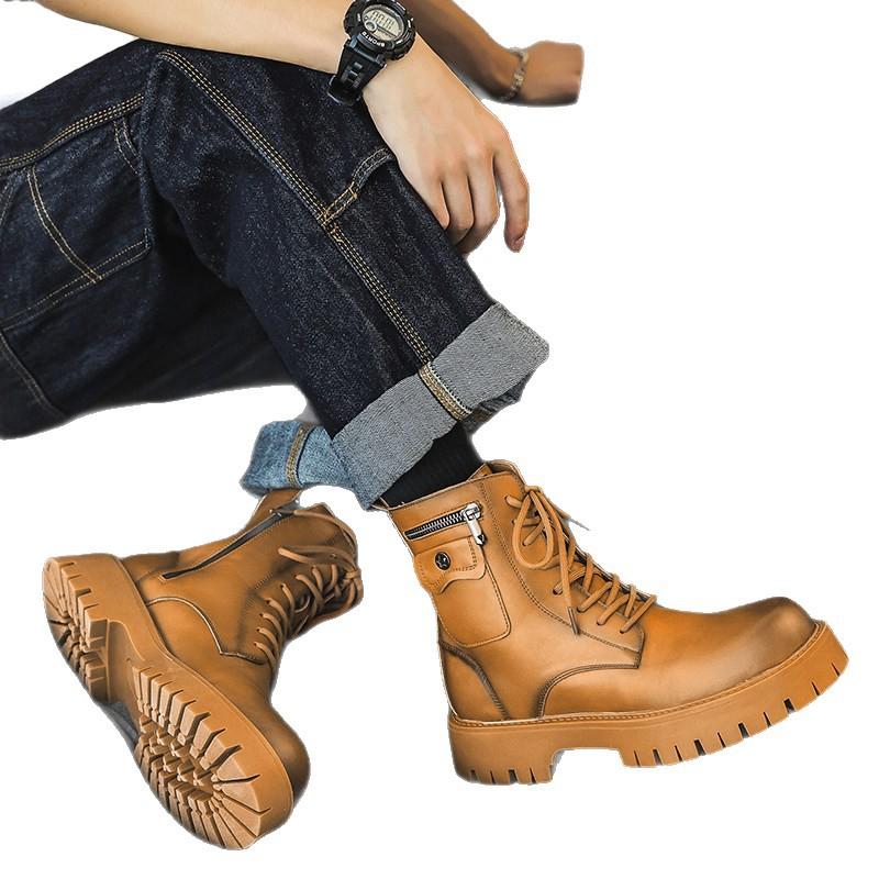 White Martin Boots Men's Summer High-top Zipper Leather Thick-soled Heightening Simple British Fashion Boots Men's Boots