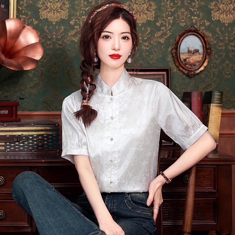 Fashion New Summer Chinese Style Short Sleeve Stand Collar White Chiffon Blouse Shirt Women Tops J377