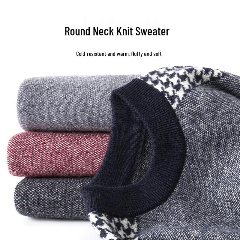 Hengyuanxiang Men's 100% Wool Colorblock Round Neck Knit Sweater