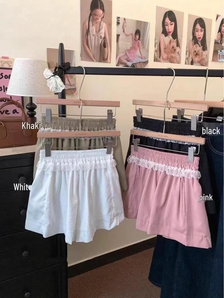 Korean Style High Waist Lace Trim A-Line Sports Shorts for Women