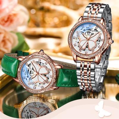Hollow Butterfly Kadran Otomatik Mekanik Saat Moda Elmas İşlemeli Su Geçirmez Aydınlatmalı Kadın Mekanik Saati