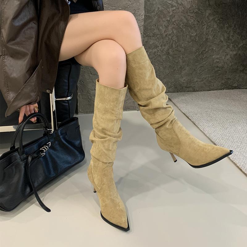 Retro Pointed Suede Thin Heel Thin Boots Women's Stacking Boots Belt Buckle Pleated High Heel Thin Boots