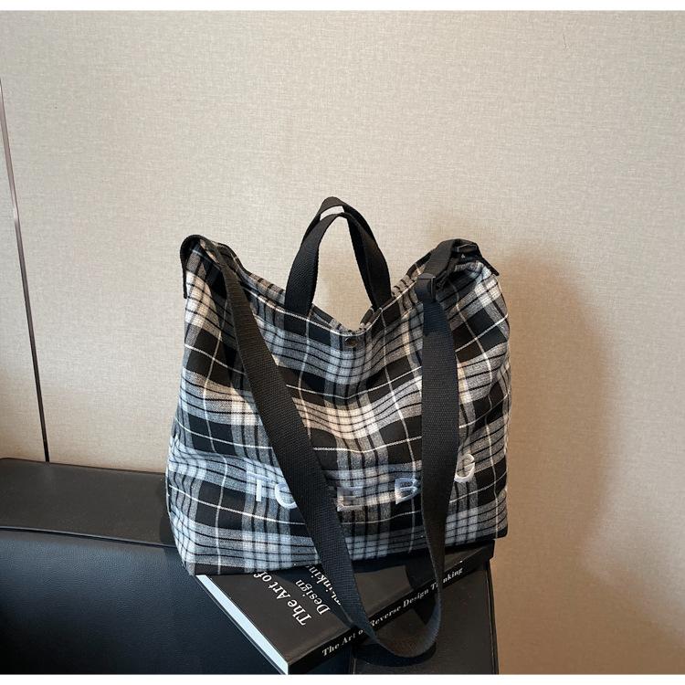 Canvas Bag Shoulder Bag Large Capacity Women's Retro New Shopping Bag Bag Plaid Bag Versatile Commuter
