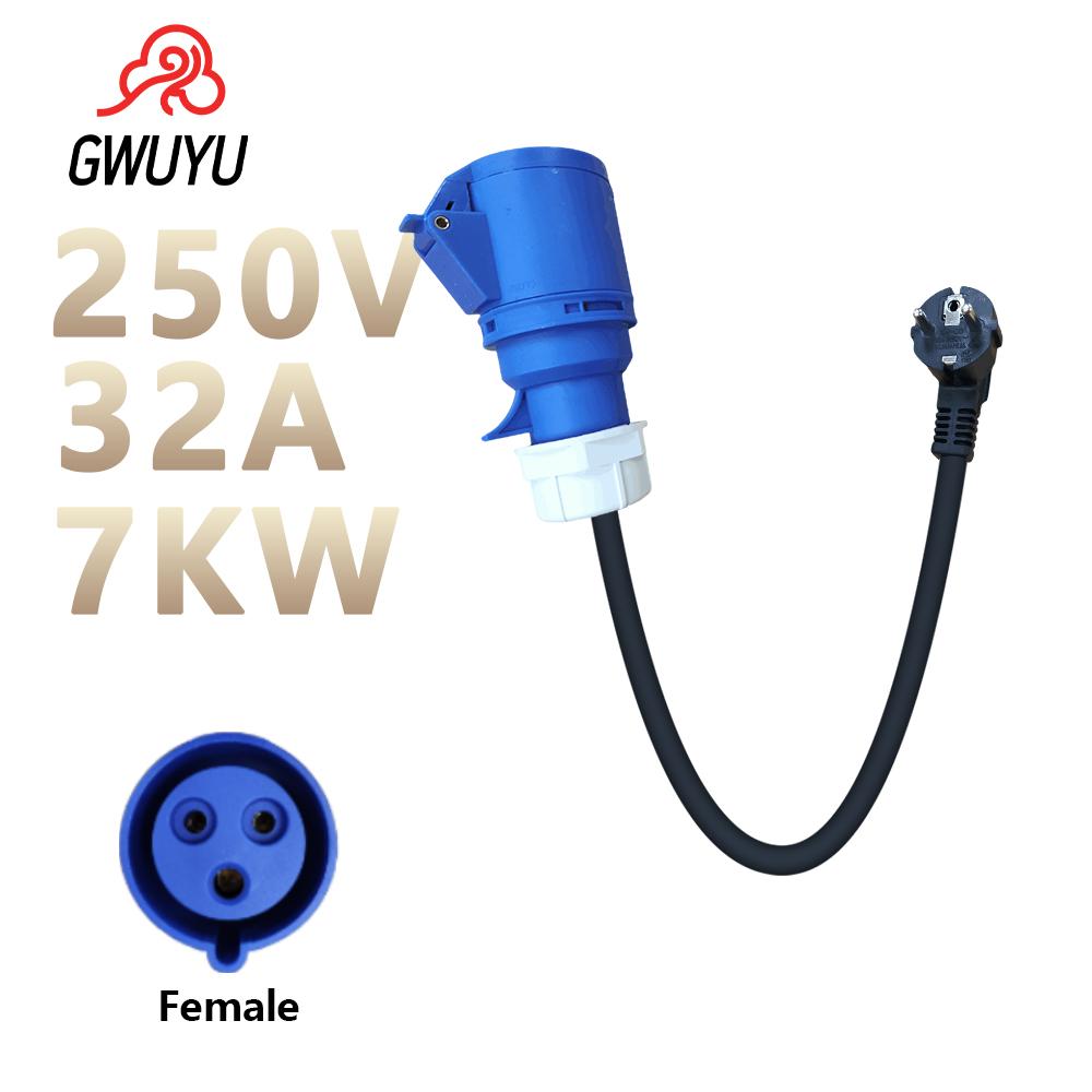 GWUYU Type 2EV Charger Adapter 7KW 32A 250V Blue CEE Female Socket To 16A 3.5KW EU Schuko for Electric Vehicle Portable Charger