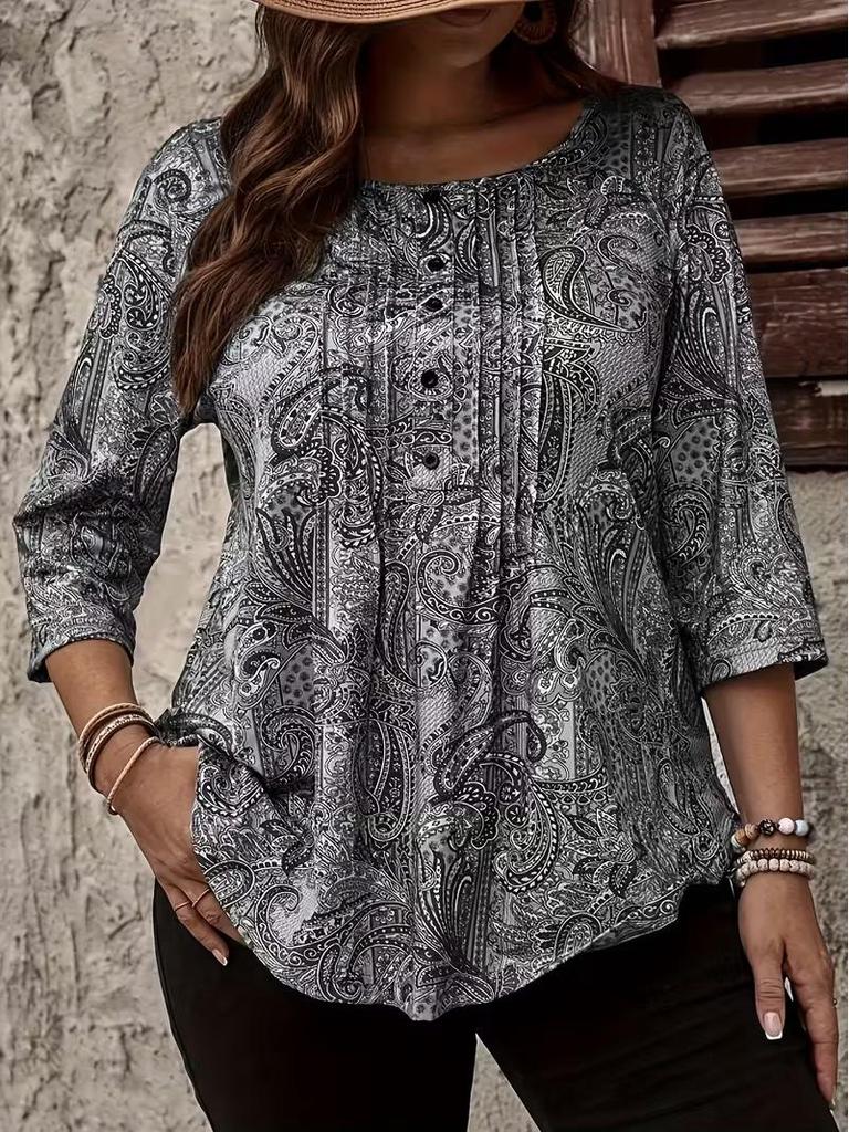 Übergröße Paisley-Print Langarm-Knopf-T-Shirt für Damen