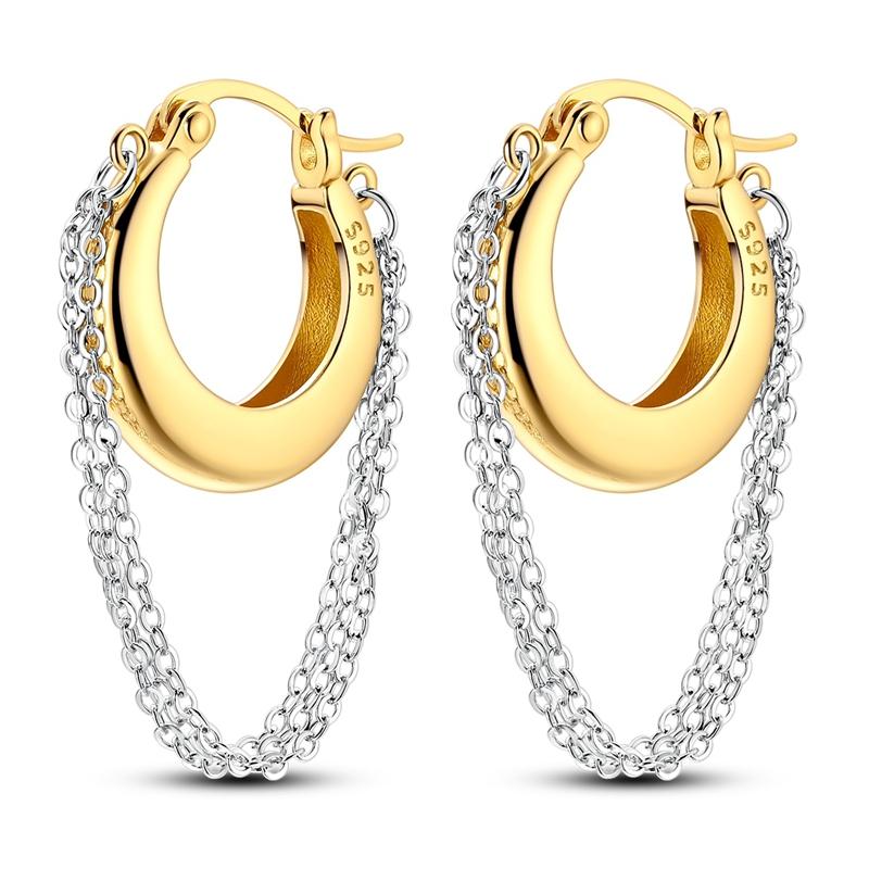 

925 Sterling Silver Two-Tone Hoop Earrings Double Chain Dangle Golden Punk Chain Huggie Earrings Jewelry Gift for Women Girls