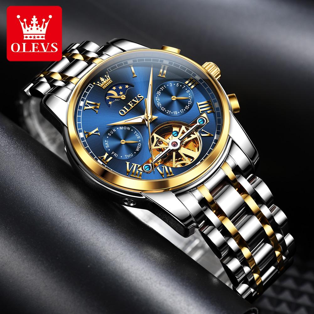 OLEVS 6617 Original Herrenuhr Luxus Skelett Hohl Schwungrad Automatikuhr für Herren Kalender Wasserdicht Mondphase Armbanduhr