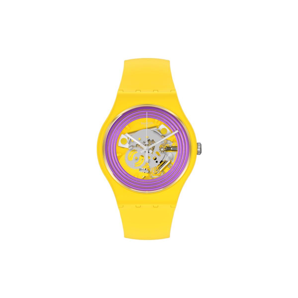 SWATCH Unisex 41mm Purple Watch SO29J100 SO29J100 Yellow Cut-Out