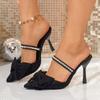 Fashion Summer New Plus Size Wrapped Toe Stiletto Slippers Women Pointed Toe Shallow Mouth Bow Rhinestone Strap Heels