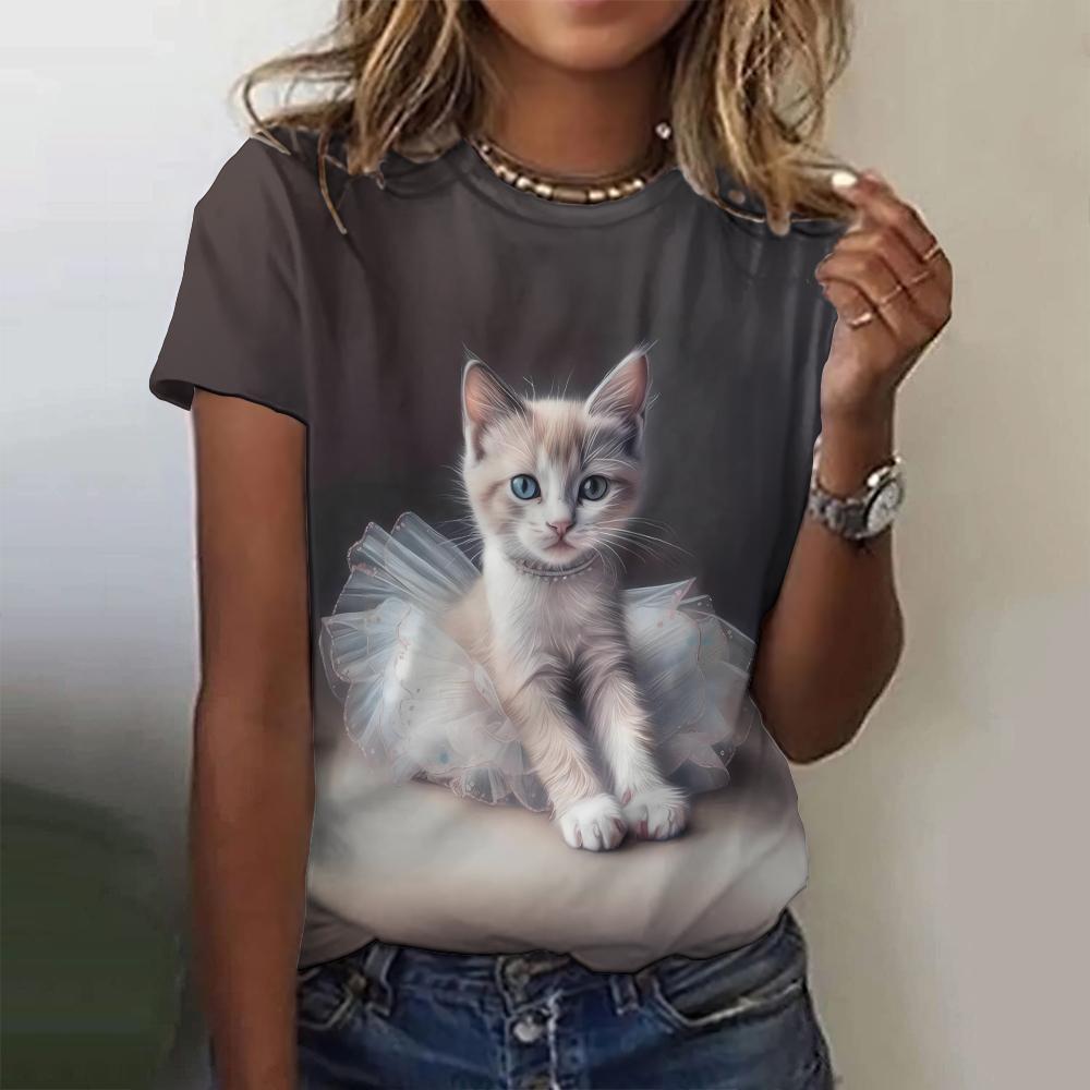 Fashion Personification Cat Pattern Dancing Cat Print Women's Short Sleeves T-shirt Casual Loose Tees Female Clothing Tops