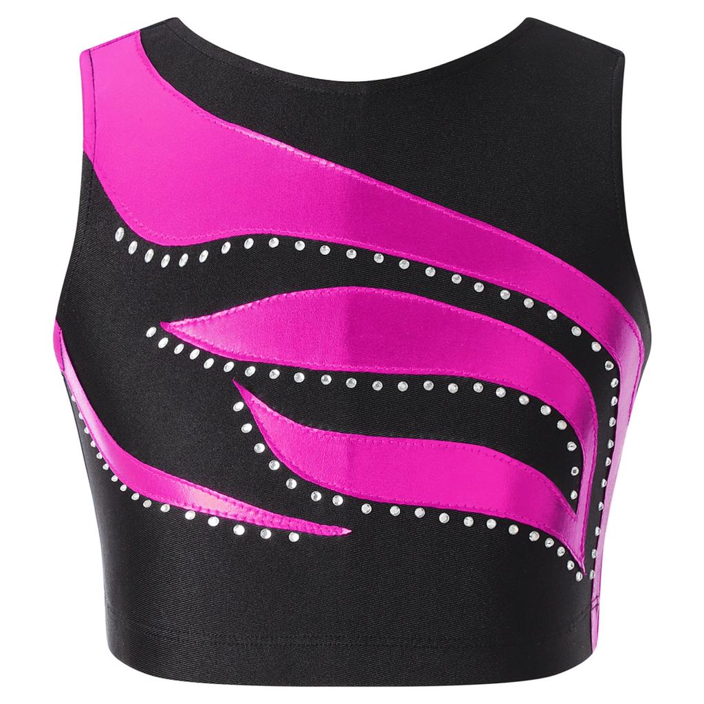Girls Shiny Rhinestone Decor Dance Top Sleeveless Round Neck Jazz Performance Vest Tank Top