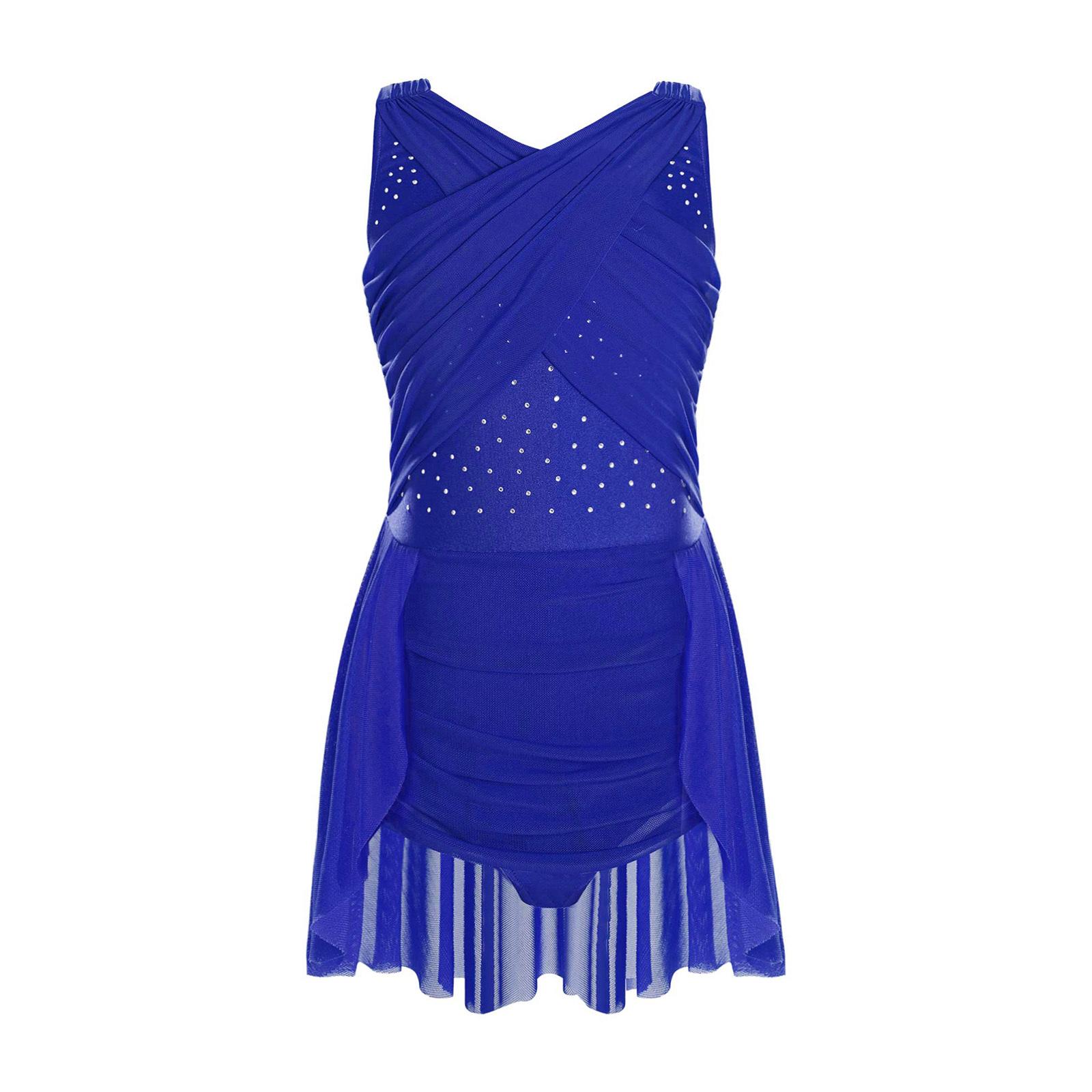 

Лірична танцювальна сукня для дівчаток, сітчастий дизайн з вирізом на спині та деталями зі стразами для фігурного катання 15-16 Years