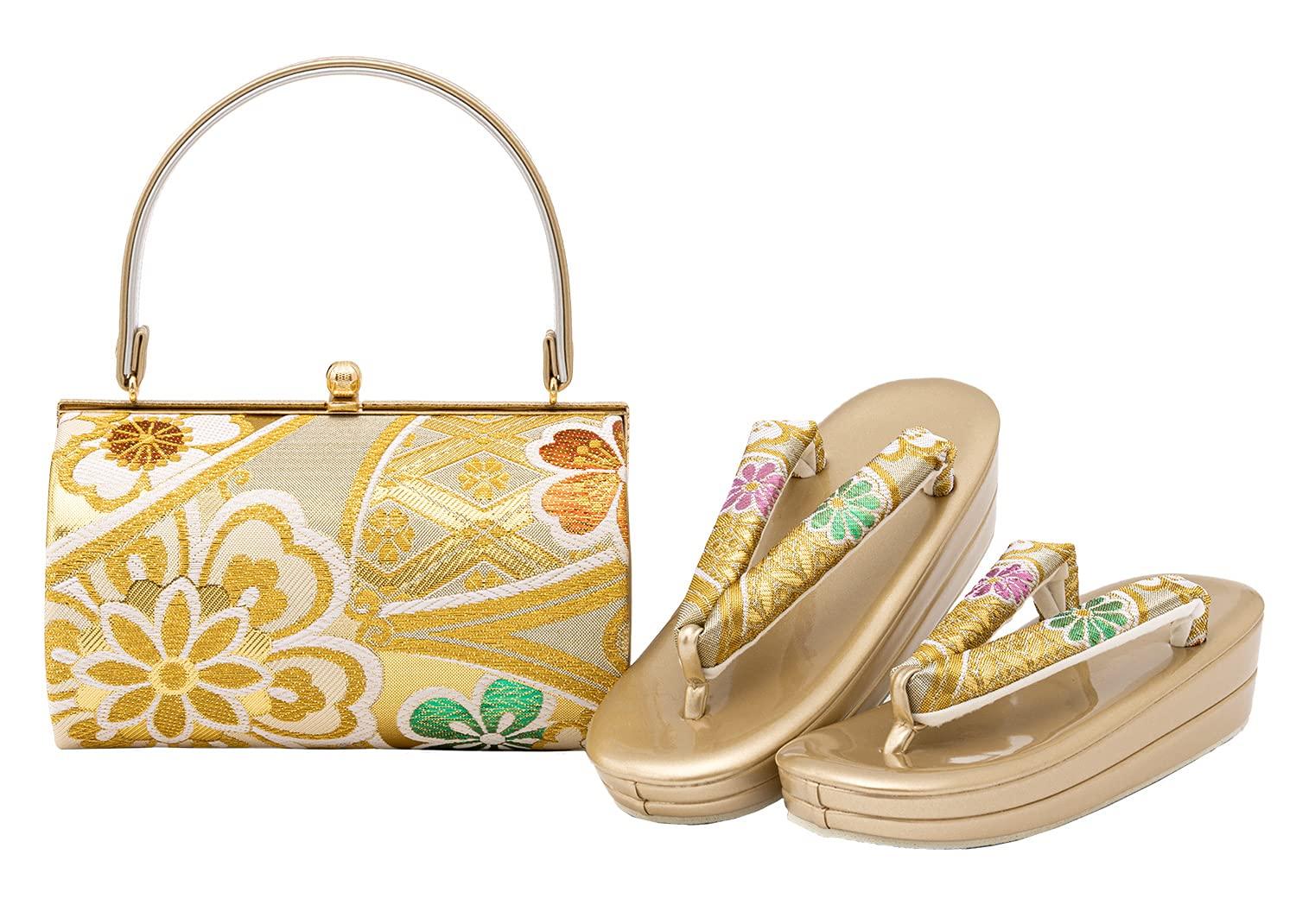 

Комплект сандалий и сумки для оби, формальный, японский, вишня и хризантема, зеркальная спинка х золото [SOUBIEN], церемонии совершеннолетия, с длинными рукавами