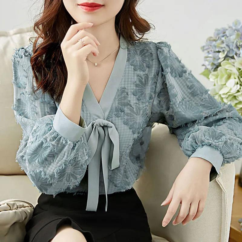 Fashion Commute Women's Applique Lantern Sleeve Shirt 2022 Spring Autumn Female Clothing Solid Color Korean V-Neck Bow Blouses