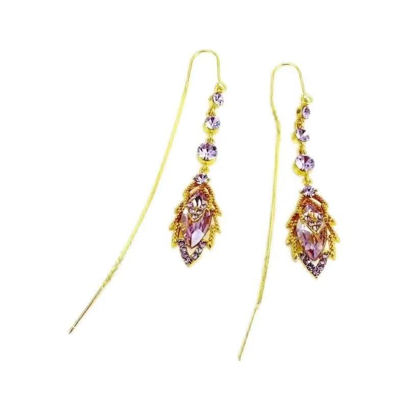 Purple Qi Rhinestone Maple Leaf Long Tassel Versatile Earrings