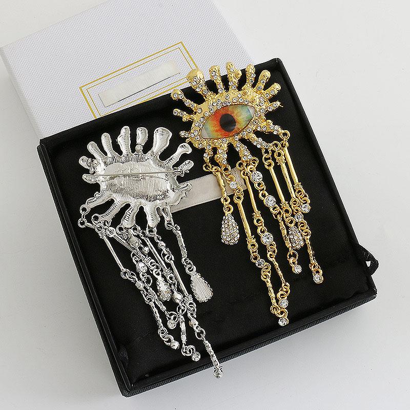 Retro Eye Shaped Rhinestone Brooch For Women And Men Tassel Chain Lapel Pins Badge Elegant Fashion Jewelry Accessories Gift