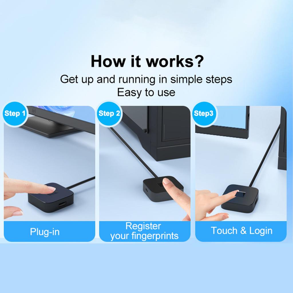 USB Computer Fingerprint Reader Fast Matching 360 Degree Touch Dongle Biometric Fingerprint Scanner Support for Windows 10 11 PC
