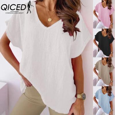 Women's Fashion Casual Solid Color Print Short Sleeve V Neck Blouses & Shirts