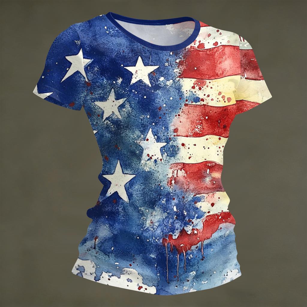 Women's Fashion Round Neck Independence Day Print Short Sleeve Loose Crewneck T-Shirt Top
