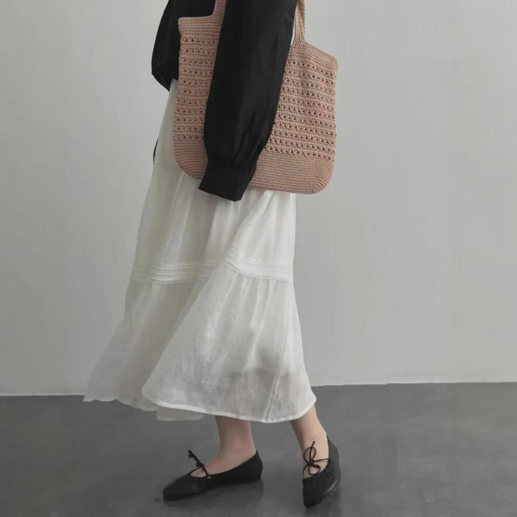 Women's High Waist White Lace Patchwork Ramie A-line Midi Skirt - Spring/Summer 2025