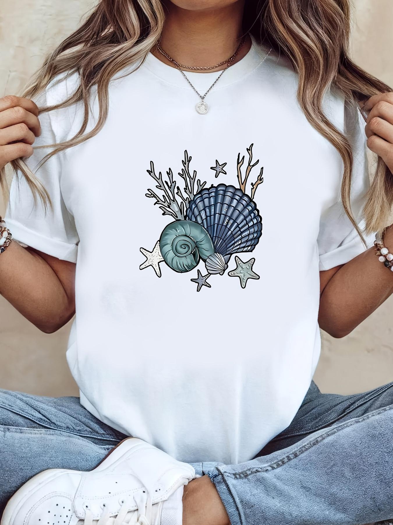 

Women S T-Shirt Featuring Prints of Shells, Corals, and Starfish, with A White Short-Sleeve Round Neck Design. Machine Washable, Suitable for Spring, 4XL білий