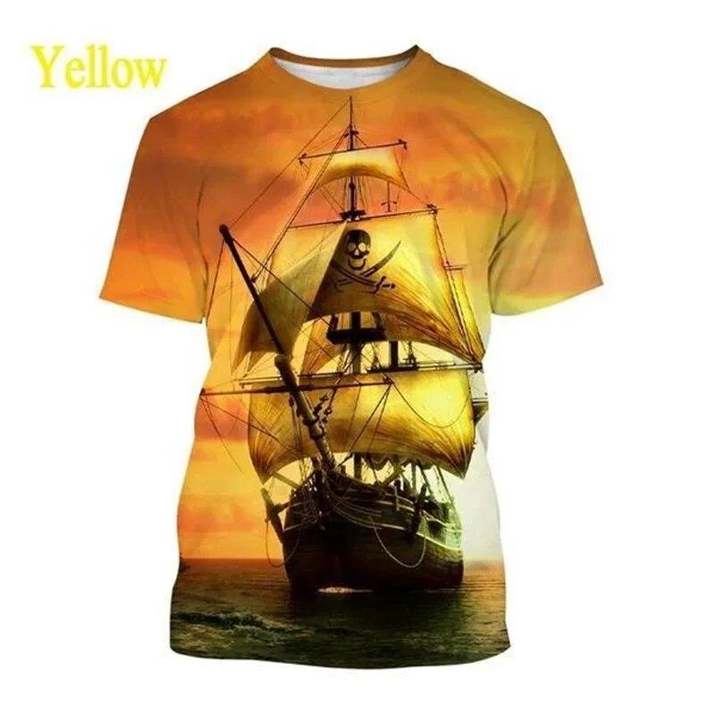 

Футболки с 3D принтом пиратского корабля, мужские повседневные футболки с короткими рукавами, крутая футболка в уличном стиле, футболки большого размера 4XL