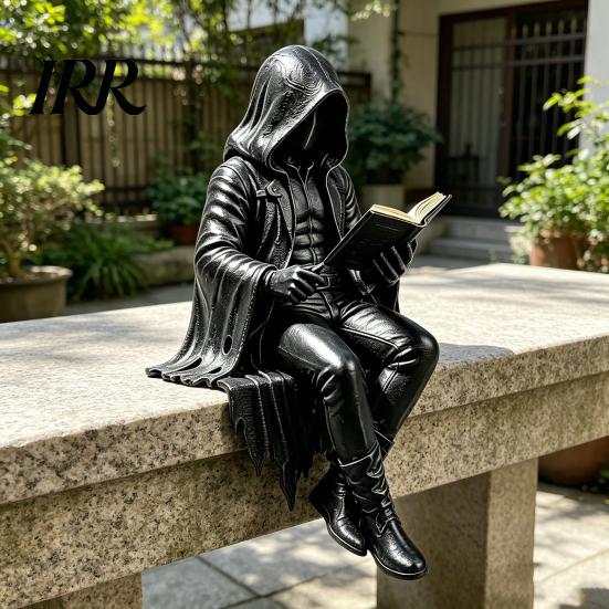 Zittend Magere Hein Model Gotische Dark Fantasy Figuur, Lezend Met Kap Standbeeld, Halloween Beeldje Hars Skelet voor Boekenplank Huis