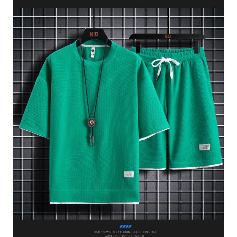 Printed Short-sleeved Top + Shorts Two-piece Set Men Waffle Casual Suit Summer Breathable and Comfortable Training Clothes M-3xl