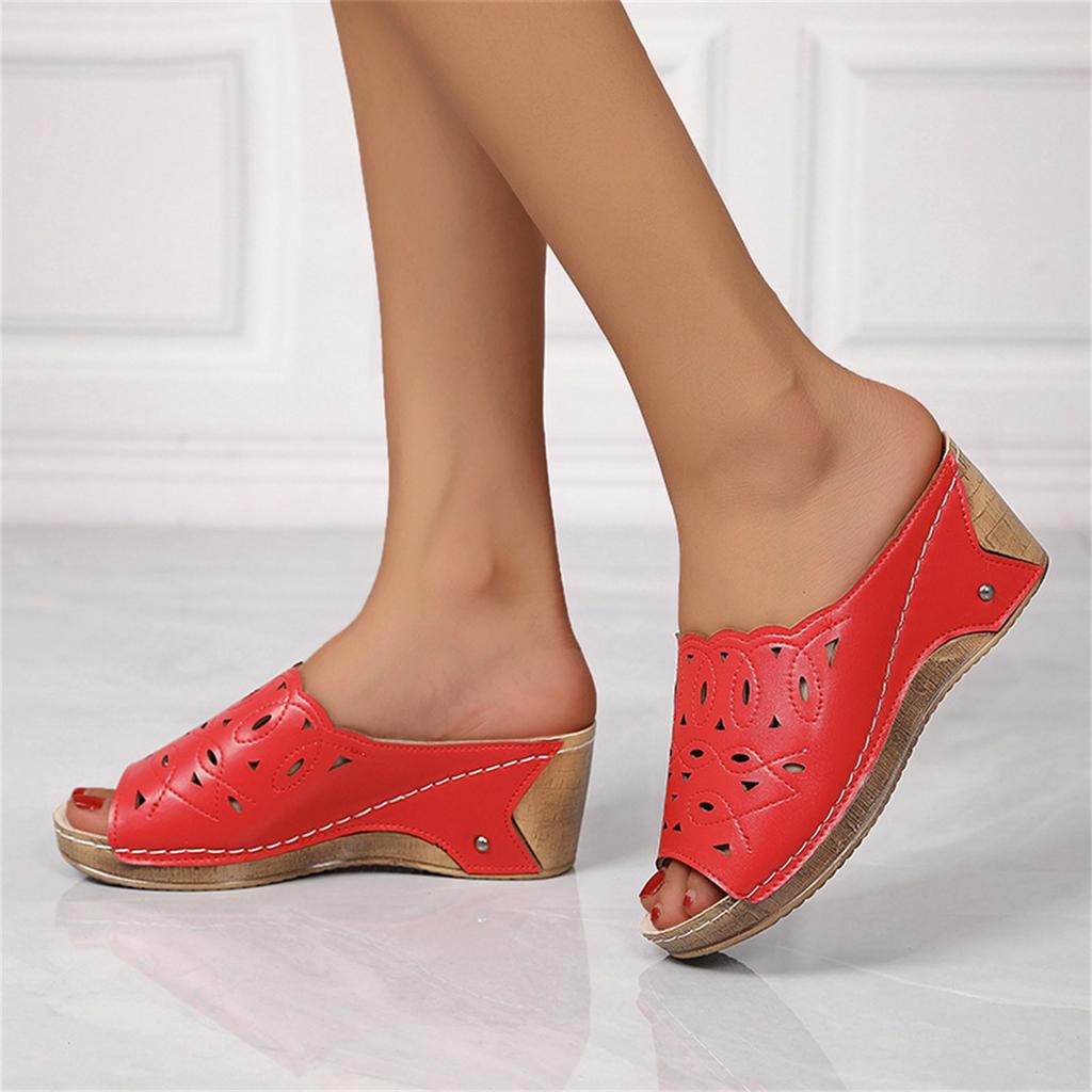 Women'S Sandals Summer Leather Hollowed Out Fish Mouth Sloping Heel Roman Sandals Fashionable Solid Color Slippers Heels