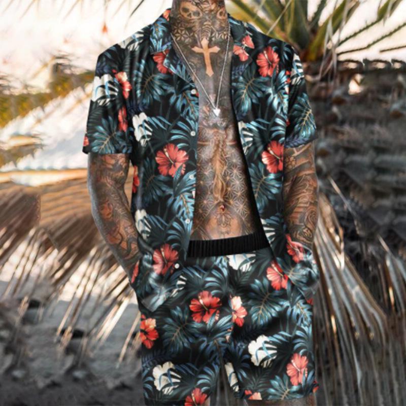 2022 Summer European & American Men's Casual Loose Short-sleeved Shirt & Shorts Beach Set
