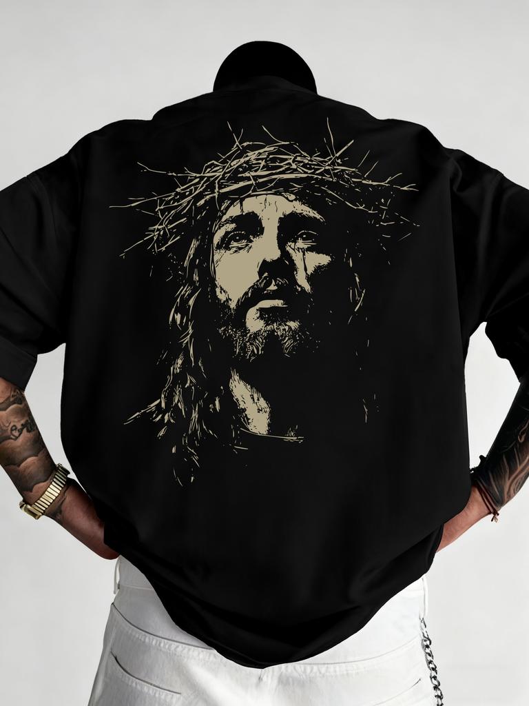 2026 New Year Hot Selling American Round Neck Tshirt with Thorn Crown and Jesus StatueThorn Cross Print On Chest