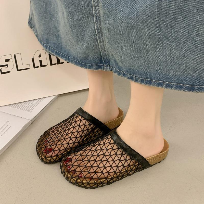 Hong Kong fishing net baotou half drag women summer new wear a pedal hollow thick bottom cool slippers women