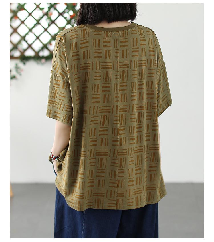 Plus size losvallend katoenen T-shirt met korte mouwen voor dames, ronde hals, vintage casual top.