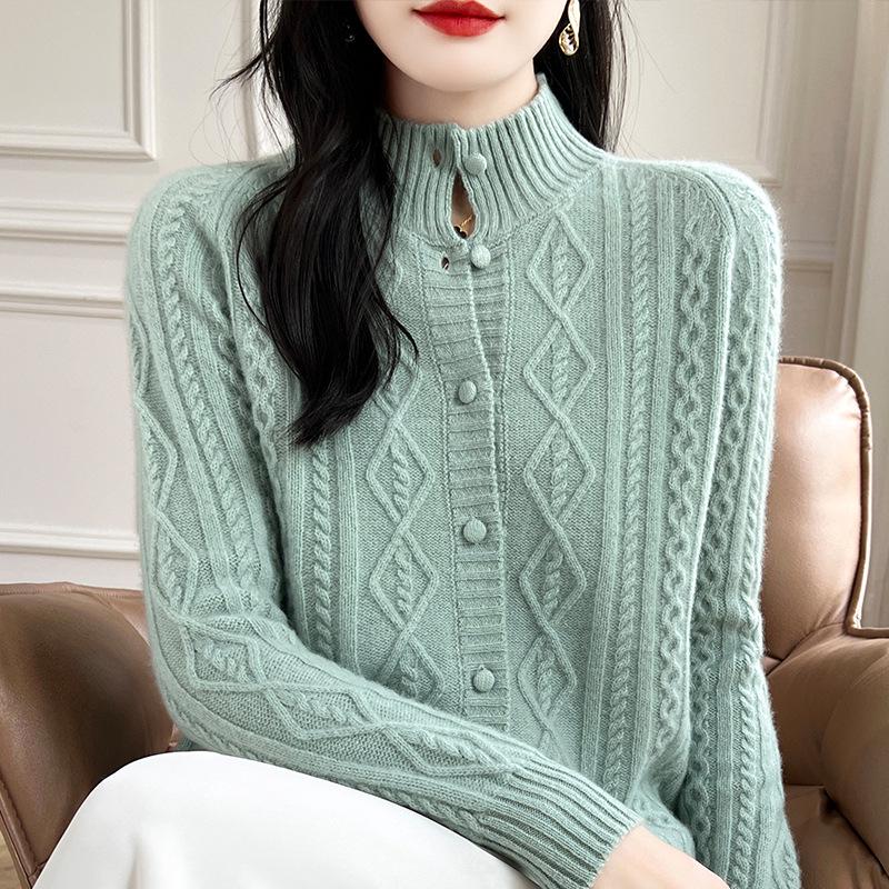 Heavy Knit Half High Neck Slim Fit Cashmere Cardigan Sweater for Spring & Autumn