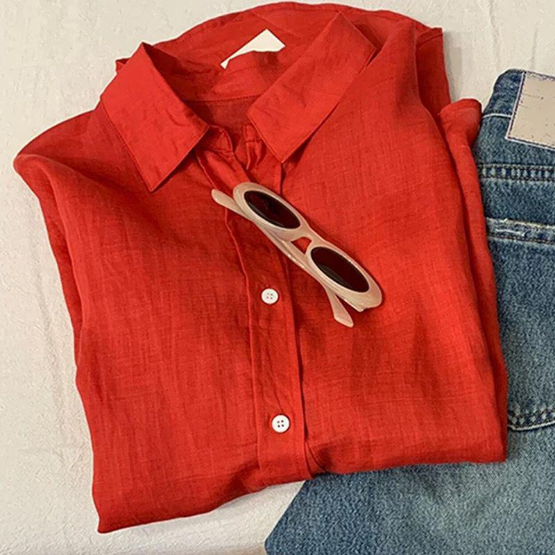 

Vibrant Red Long-Sleeve Sun-Protection Shirt: Loose, Flattering, Ideal for Spring & Summer, Exuding a Relaxed, Luxurious Style S (suggested weight: 80-95 jins) красный