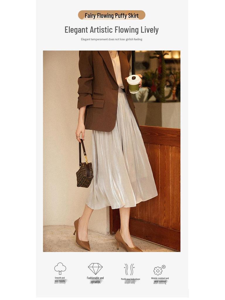 New Women's Iridescent Double Layer Pleated Puff Skirt - Korean Style Fairy Mesh Skirt