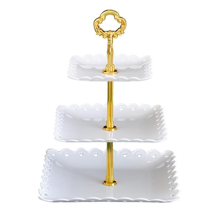 3-Tier Cake Stand with Gold Handle, Square Plastic