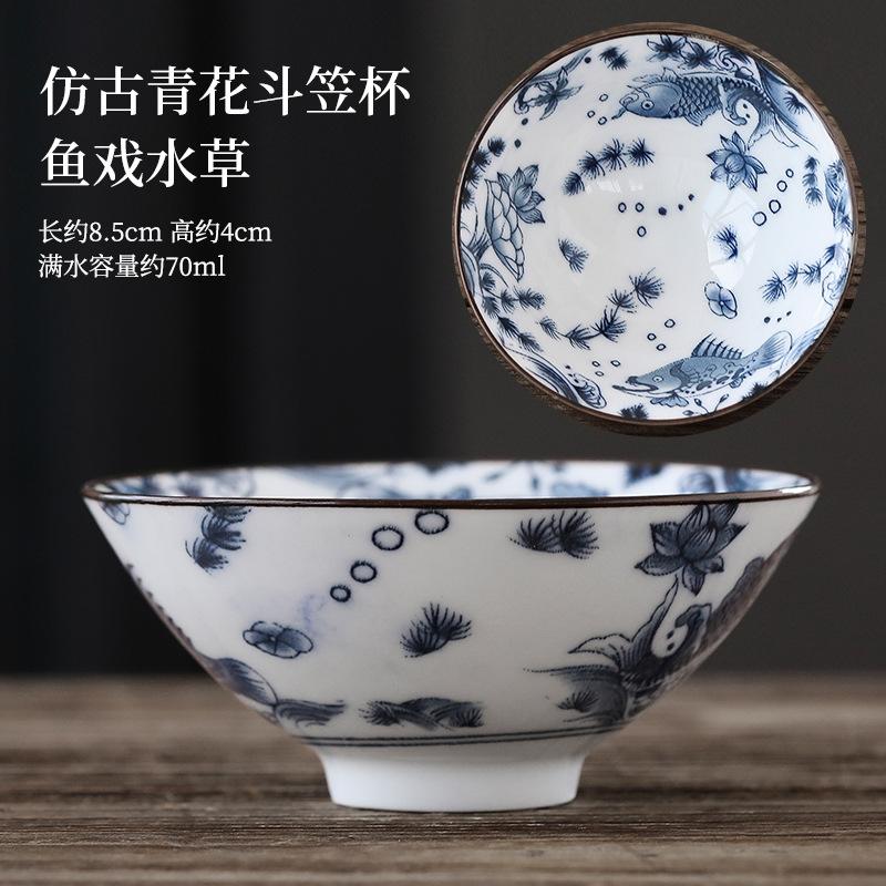 70ml Exquisite Blue and White Porcelain Tea Cups Hand-painted Master Cup Bamboo Hat Tea Bowl Guest Tasting Mugs Tea Accessories