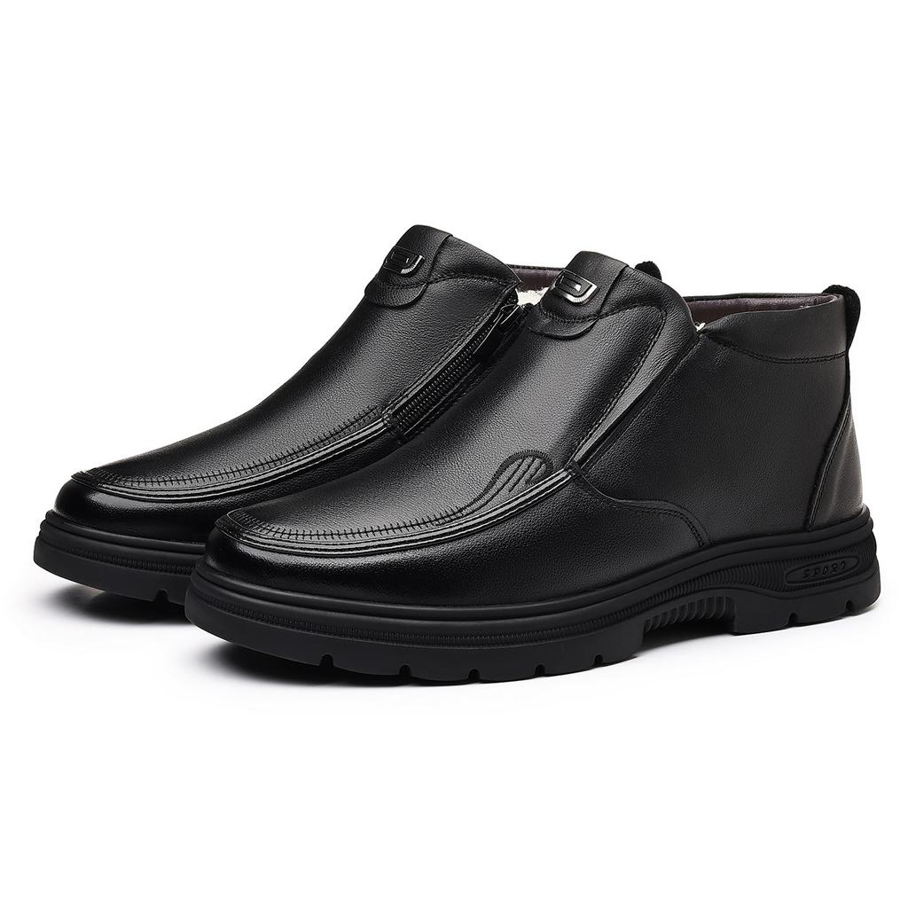 The first layer of cowhide wool snow cotton shoes men's shoes one pedal winter velvet high-top leather shoes to keep dad warm winter genuine leather