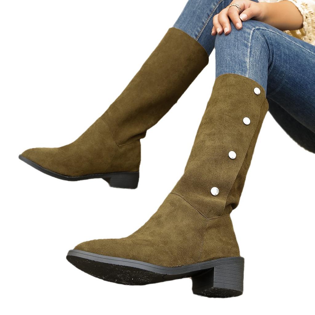 Western Pile Boots 2025 Summer Medium Tube Thick Heel Square Head Folded Cowboy Boots But Knee Boots Female Knight Boots