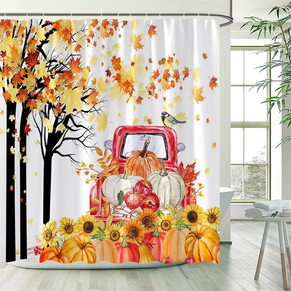 Fall Maple Leaves Shower Curtains Rustic Farm Truck Sunflower Pumpkin Squirrel Autumn Thanksgiving Bathroom Decor Set With Hooks
