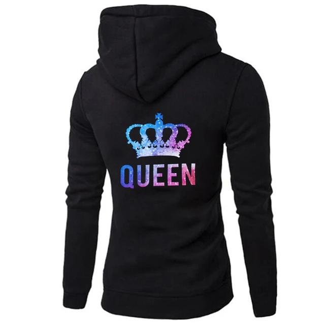 Couples winter king and queen fashion casual sports loose printed fleece warm long sleeve pocket hoodie